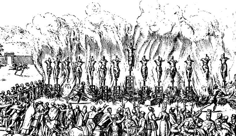Contemporary illustration of an auto-da-fé in Valladolid, Spain, in which fourteen Protestants were burned at the stake for their faith on May 21, 1559.