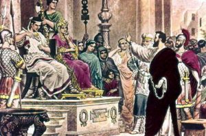 Paul before the Roman procurator Porcius Festus."I have in no way committed an offense against the law of the Jews, or against the temple, or against the emperor" (Acts 25:8).