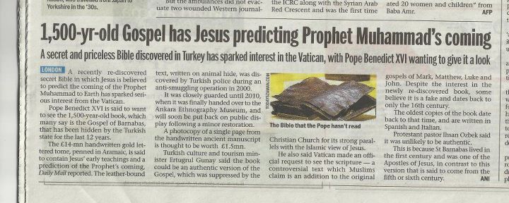 2012 London Daily Mail article on the recent discovery of a potentially third manuscript of the Gospel of Barnabas. (Click on photo for extended story.)